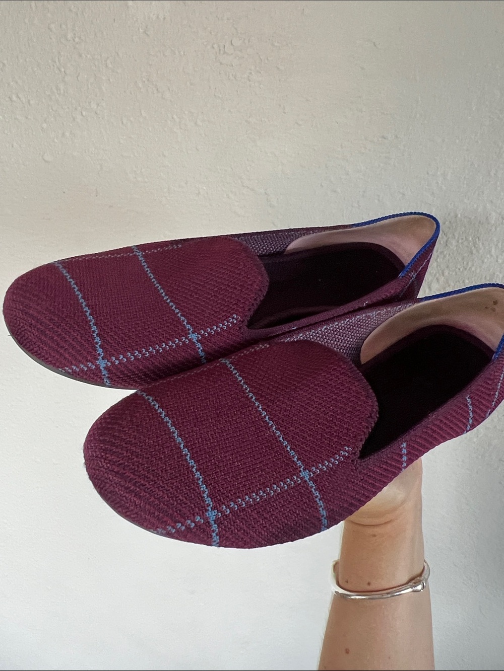 Rothy’s The Daily Loafer- Burgundy & Blue Plaid Knit Slip-On Shoes